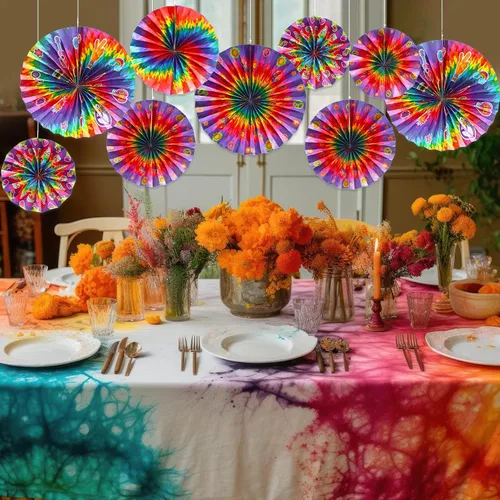 Vista 7 de Outus Suministros de fiesta de teñido anudado, diseño hippie, para decoración de aula, decoración de pared de techo de los años 60, letrero de paz