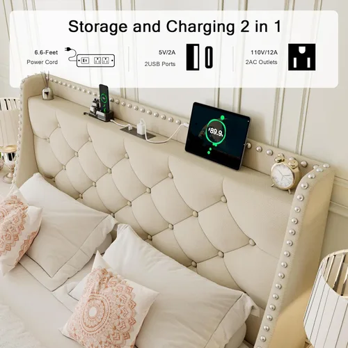 Vista 4 de Einhomn Base de cama de tamaño matrimonial con cabecera de almacenamiento copetuda con botones en la parte trasera y puertos tipo CA, plataforma