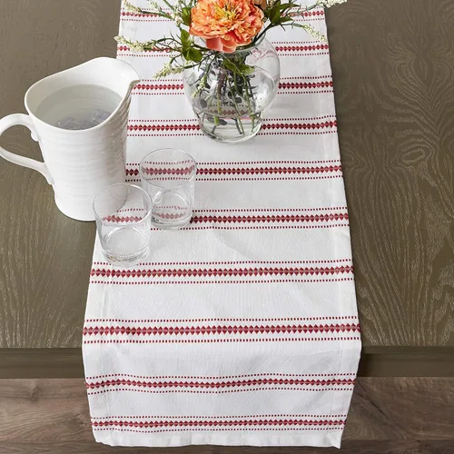 Vista 2 de DII Zig Dobby - Colección de mesa, fondo de algodón blanco con rayas adornadas, camino de mesa, 14 x 72 pulgadas, color rojo granero