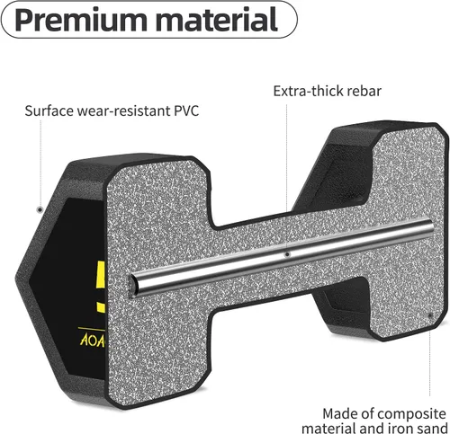 Vista 5 de Juego de mancuernas hexagonales de PVC, revestimiento de PVC, juego de mancuernas para entrenamiento de fuerza, gimnasio en casa y entrenamiento