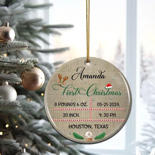 Vista 4 de Adorno personalizado para la primera Navidad, con nombre personalizado, estadísticas de nacimiento, foto, adornos redondos de cerámica para bebés