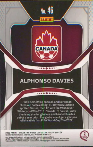 Vista 2 de 2022 Panini Prizm FIFA World Cup Qatar #46 Alphonso Davies Canada Soccer Card