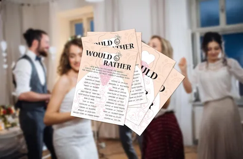 Vista 5 de Tarjetas de juego para despedida de soltera, juego de "Would She Rather Game", tarjetas de fiesta de compromiso rosas para boda, juego de 30
