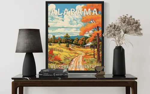 Vista 5 de Póster artístico de paisaje del estado de Alabama, decoración artística de paisaje retro de estados, pintura de montaña y paisaje de aventura