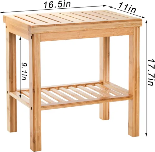 Vista 3 de SOUJOY Banco de ducha de bambú, taburete de asiento de baño, taburete de afeitado para reposapiés de spa, estante de almacenamiento para toalla