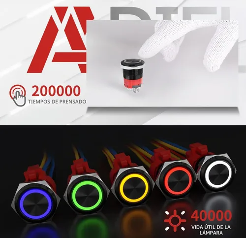Vista 5 de APIELE Interruptor de botón momentáneo de 10 A, 22 mm, LED ojo de ángel, impermeable, redondo, autorresetable, 7/8'', 1NO 1NC
