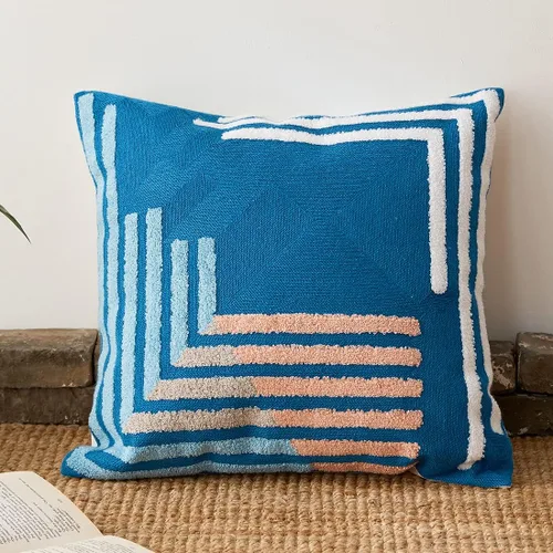 Vista 2 de vctops Funda decorativa para cojín con detalles de penachos geométricos estilo bohemio, funda de almohada cuadrada bordada en algodón para sofá