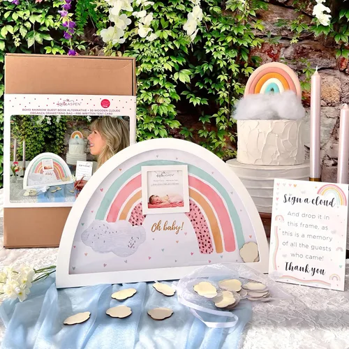 Vista 2 de Kate Aspen Marco de arco iris alternativo para baby shower con 30 nubes de madera, marco para imagen de ecograma, decoración de baby shower arcoíris