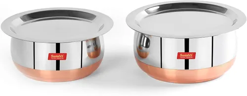 Vista 8 de Sumeet Forma de vientre inferior de cobre de acero inoxidable 2 piezas Tope/Cookware/Pot Set con tapa 1.4Ltr, 1.75Ltr (Plata)
