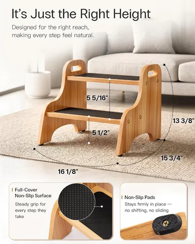 Vista 3 de StrongTek Paquete de 2 taburetes de madera de 2 escalones para niños y adultos, superficie antideslizante, almohadillas antideslizantes para pies