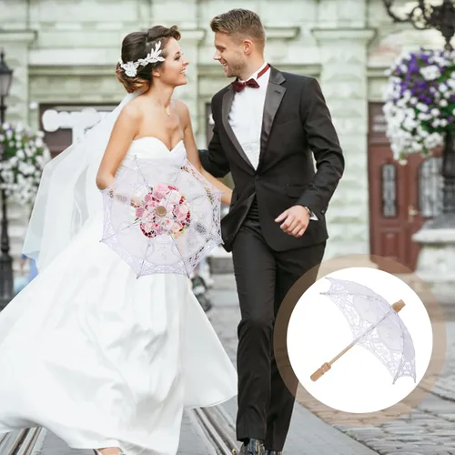 Vista 3 de Toddmomy Sombrilla de encaje, paraguas decorativo de boda, sombrilla de encaje para novia, adorno para decoración de fotos, disfraz de dama (blanco)