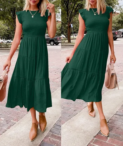 Vista 4 de MEROKEETY - Vestido midi fruncido de manga corta para mujer, vestido de verano casual, acampanado, con cintura elástica y escalonado
