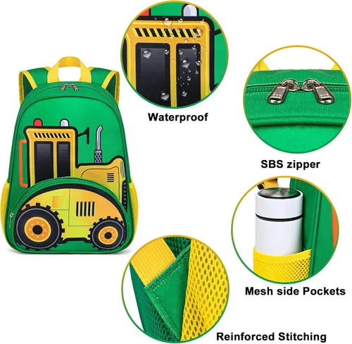 Vista 6 de BTOOP Mochila para niños y niñas, mochila con clip para el pecho, Tractor-verde, Mochilas Daypack