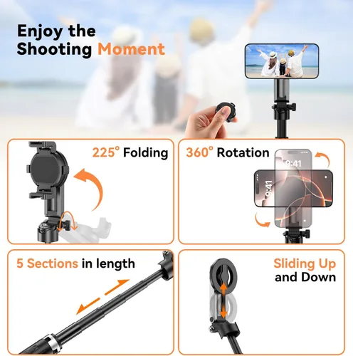 Vista 6 de Palo selfie magnético para iPhone, trípode multifuncional de bolsillo 4 en 1 con rotación de 360°, soporte de agarre para mango de teléfono, control