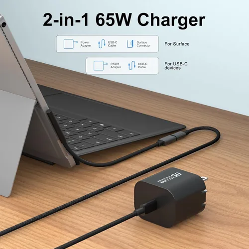 Vista 2 de Cargador USB C Surface Pro de 65 W compatible con Surface Pro 3/4/5/6/7/8/9/10/X/11/12, Surface Book1/2/3, adaptador de corriente compatible
