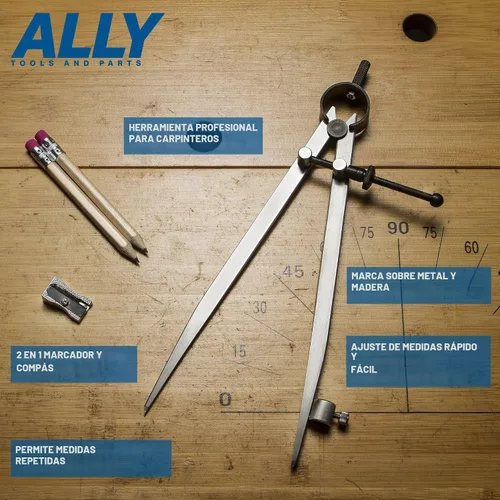 Vista 4 de ALLY Tools - Divisor de resorte de bloqueo de precisión de 8 pulgadas / brújula de carpintería con soporte para lápices, incluye dos lápices