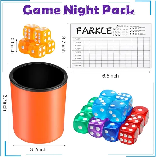 Vista 2 de Zhanmai Juego de 6 vasos de dados para juego Farkle, taza de piel sintética con 36 dados coloridos, juego de 6 tarjetas de puntuación Farkle