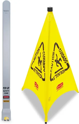 Vista 2 de Rubbermaid Commercial Products Cono de suelo mojado multilingüe de 3 lados para montaje en pared, portátil, con tubo de almacenamiento, 30 pulgadas