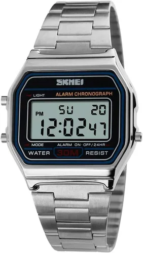 Vista 2 de Reloj digital para hombre, banda de acero inoxidable, resistente al agua, electrónico, cuadrado, LED, luz trasera, reloj de pulsera