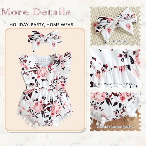 Vista 5 de Hascloth Newborn Baby Girl Romper Infant Tassel Bodysuit Floral Dress Shorts Jumpsuit Ruffle Sleeveless Onesie Clothes Outfit