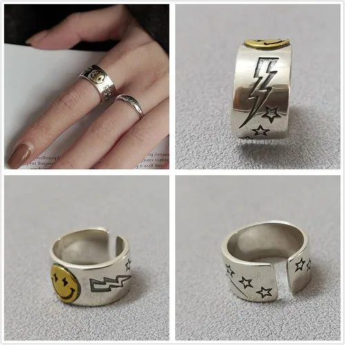 Vista 6 de Juego de 12 anillos de rana para mujeres y hombres, vintage de serpientemal de ojohongollantocara sonrienteabrazoluna estrella, sol, anillos