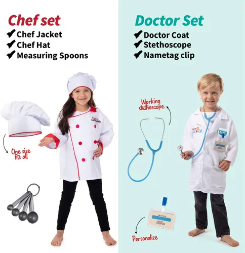 Vista 3 de Born Toys Disfraces 6 en 1 para niños y niñas disfraz para niños y niñas juego de simulación para policía bombero médico chef jardinero y explorador