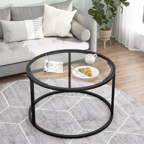 Vista 6 de Mesa de café redonda, pequeña mesa de café negra para sala de estar, mesa central moderna de 27" con tapa de vidrio transparente y marco de metal