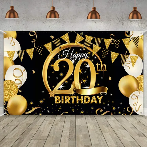 Vista 10 de Decoración de fiesta de cumpleaños número 15, cartel póster de tela extra grande negro y dorado para telón de fondo de cabina de fotos