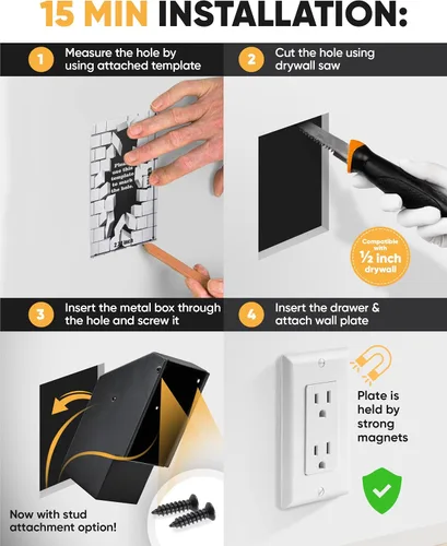 Vista 2 de Elder Welder® Caja fuerte de pared oculta con toma eléctrica Placa de pared 100% real incluida Fácil de instalar Caja fuerte oculta