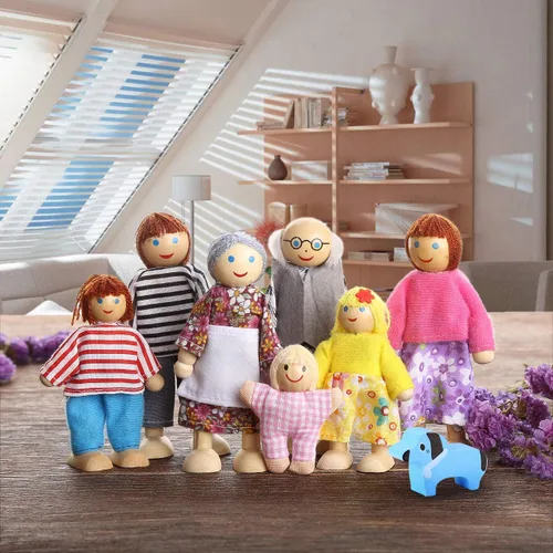 Vista 7 de Juego de 7 figuras de madera con perro para niños, casa de muñecas, regalo de simulación