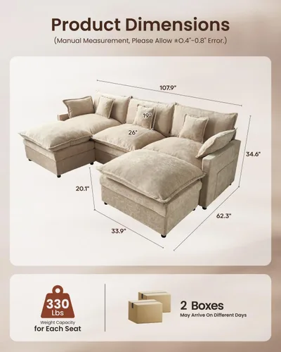 Vista 2 de Sofá modular modular de 108 pulgadas, en forma de U, moderno y cómodo, con otomana y almohadas móviles, sofás de asiento profundo para sala