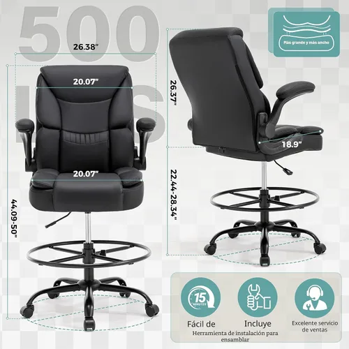 Vista 2 de Silla ergonómica de dibujo, silla de oficina alta para escritorio de pie, silla de escritorio de pie con respaldo alto con reposabrazos abatibles