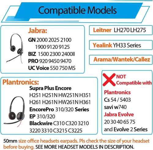 Vista 2 de Almohadillas para auriculares Plantronics, repuesto para Plantronics HW251N HW261N HW510 HW520 Blackwire 3210 3220 3320 C320 C3225 Jabra PRO 920 930