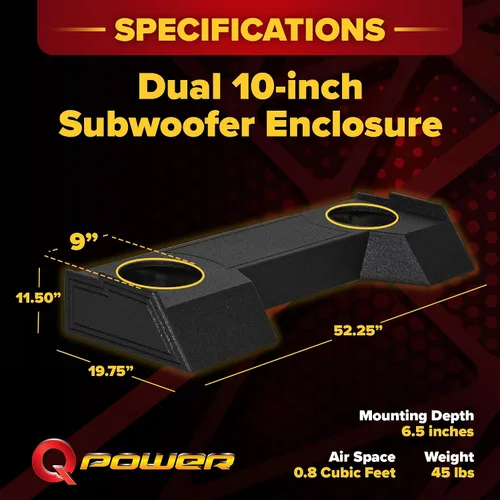 Vista 3 de Q Power Carcasa de subwoofer Downfire doble de 10 pulgadas, subcaja QBomb compatible con Dodge Ram Crew Cab y Quad Cab 2019-2026