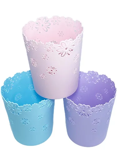 Vista 6 de Papelera, Cestas de Papeles de Desecho de Plástico sin Tapa con Forma de Flor Hueca Bote de Basura (Azul, Grande)