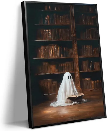 Vista 12 de Lienzo decorativo de Halloween para pared, póster de fantasma y gato negro en la bañera, imagen espeluznante de fantasma y flores, impresión