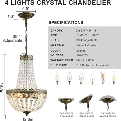 Vista 3 de 4 luces estilo imperio francés, mini lámpara de cristal para granja, acabado de latón antiguo, lámpara de techo para comedor, dormitorio, vestíbulo