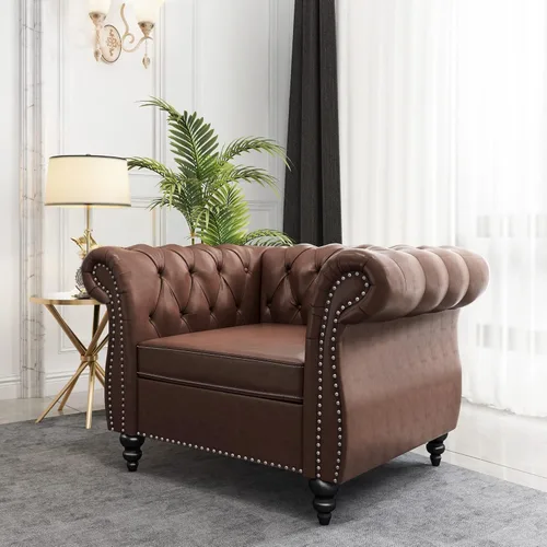 Vista 14 de AVZEAR Sofá Chesterfield de 84 pulgadas, 3 plazas, sofá clásico de cuero PU con brazos enrollados y respaldo con botones capitoné, sofá tipo canapé