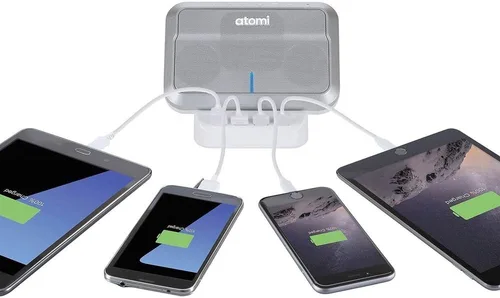 Vista 3 de Atomi Sound Hub - Altavoz inalámbrico Bluetooth portátil más estación de carga USB de 4 puertos