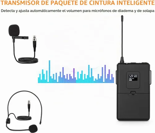 Vista 6 de Sistema de micrófono inalámbrico Hiberr UHF con 2 portátiles y 2 paquetes de cuerpo