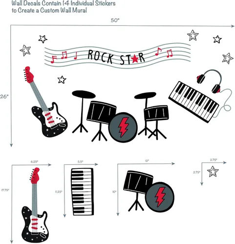 Vista 2 de Lambs & Ivy Rock Star Instrumentos Musicales Adhesivos de Pared/Pegatinas - Batería/Guitarra