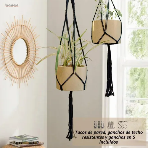 Vista 7 de Feedee Ganchos de macramé para plantas, paquete de 6, color negro, interior/exterior, algodón