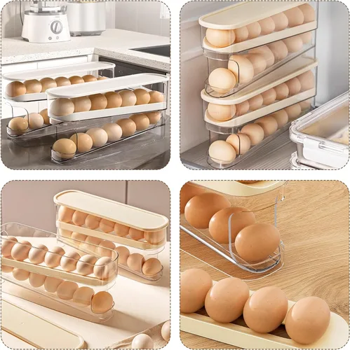 Vista 7 de Soporte para huevos para nevera, organizador de huevos para refrigerador de desplazamiento automático para huevos, dispensador rodante, contenedor