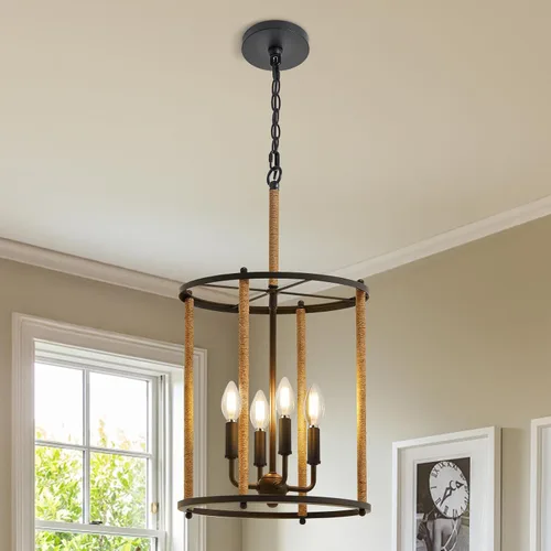 Vista 8 de Luvkczc Candelabro de 4 Luces, Luz de Techo Estilo Granja, Lámpara de Linterna Negra Accesorios de Iluminación con Jaula de Cuerdas, Altura