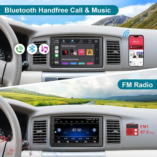 Vista 7 de Estéreo de coche de doble DIN de 7 pulgadas inalámbrico CarPlay inalámbrico Android Auto, Android 2+32G pantalla táctil unidad principal de radio