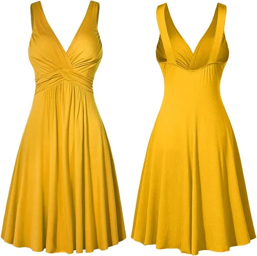 Vista 2 de Vestido de talla grande para mujer, sin mangas, cuello en V, tirantes delgados, mini vestido plisado, falda acampanada