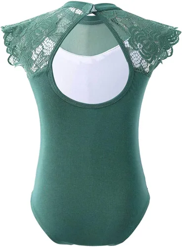 Vista 2 de Leotardo de algodón de una pieza para niñas, de encaje, con volantes, manga con volantes, para gimnasia, ballet y danza, verde ( Bean Green )