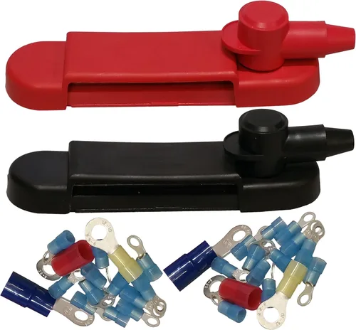 Vista 3 de Bloque de distribución de 12 terminales -BUSBAR- con terminales de anillo., Paquete de 2, Rojo y negro