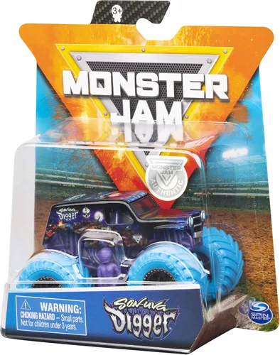 Vista 4 de Monster Jam 2019 Nitro Neon Son-Uva Digger Camión monstruo fundido a presión a escala 1:64 con figura y póster de Spin Master