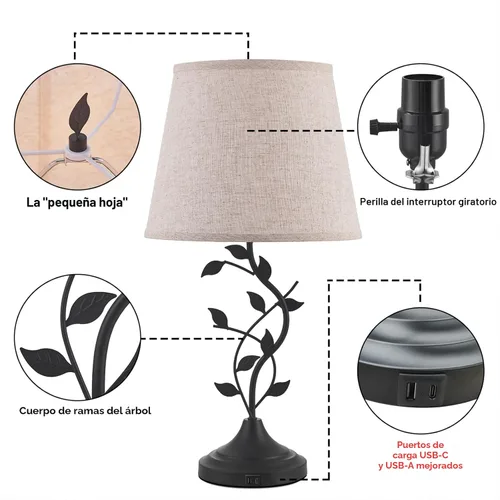 Vista 7 de Kakanuo Lámpara de mesa para mesita de noche, lámpara para sala de estar con puertos de carga USB-A y USB-C, lámpara de dormitorio alta tradicional